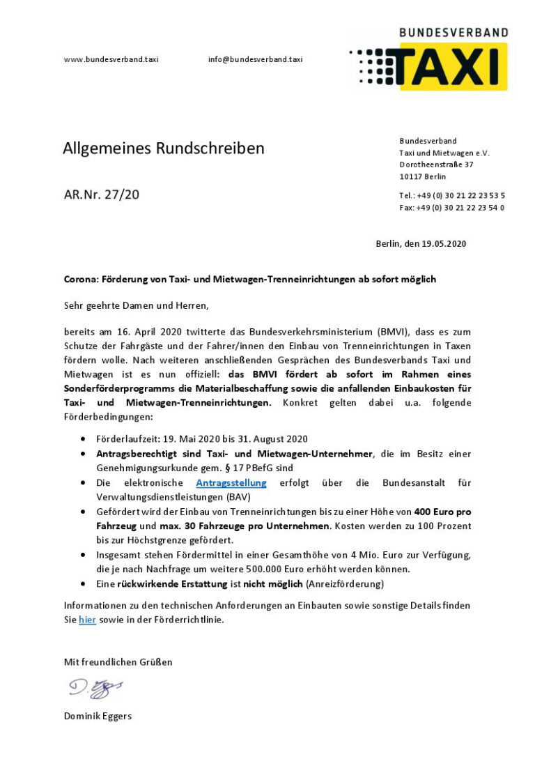 Förderung von TaxiTrenneinrichtungen TaxiVereinigung