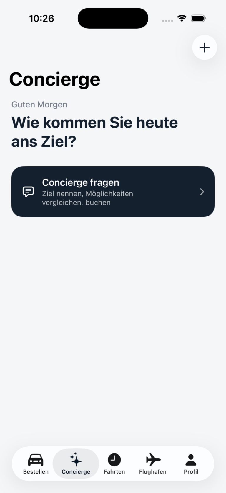 Bildschirm „Concierge“ mit der Frage „Wie kommen Sie heute ans Ziel?“ und der Schaltfläche „Concierge fragen — Ziel nennen, Möglichkeiten vergleichen, buchen“.