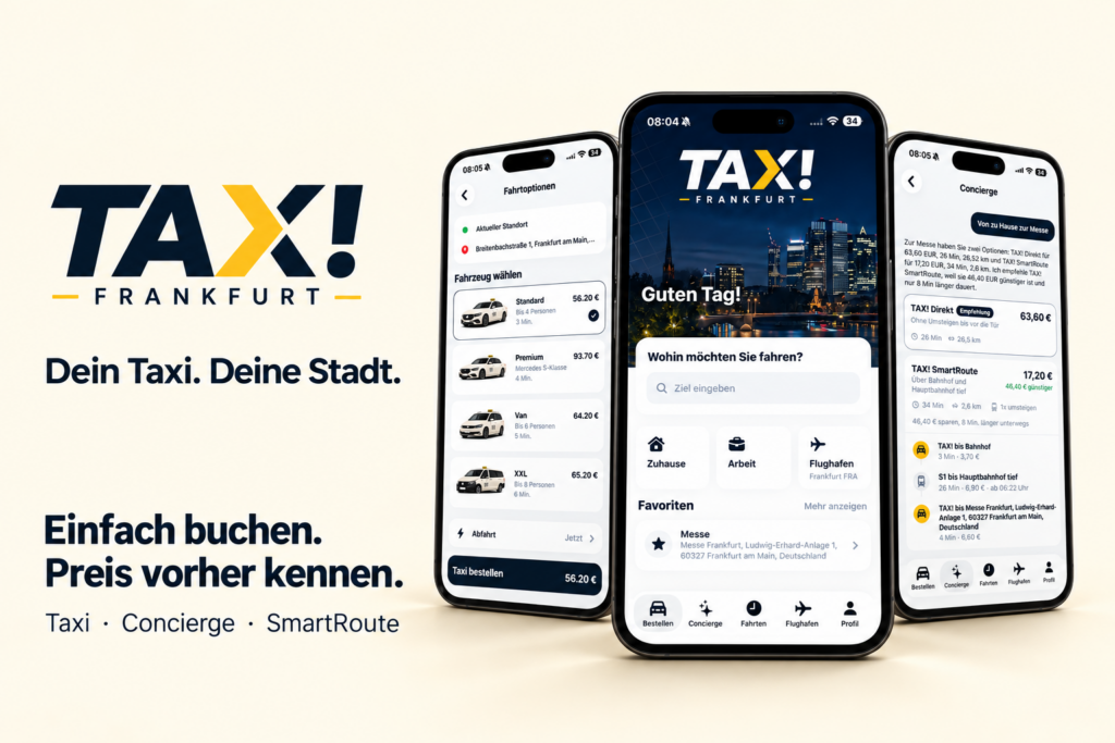 Drei Mobiltelefone mit der App TAX! Frankfurt: links die Fahrtoptionen mit Festpreisen je Fahrzeugklasse, in der Mitte die Zieleingabe, rechts der Concierge mit einem Vergleich zweier Routen.